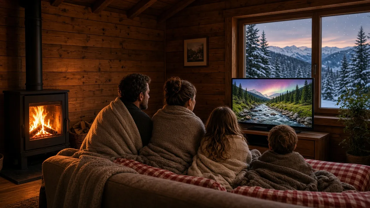 Famille devant la télévision dans un chalet suisse en bois