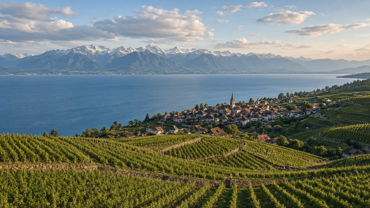Vignobles en terrasses de Lavaux au-dessus du lac Léman près de Lausanne