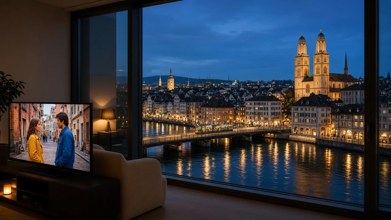 Appartement moderne avec téléviseur et vue sur la vieille ville au bord de la rivière
