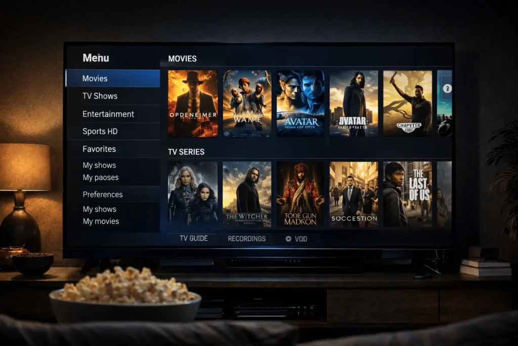 Famille regardant un film en streaming sur Smart TV en Suisse