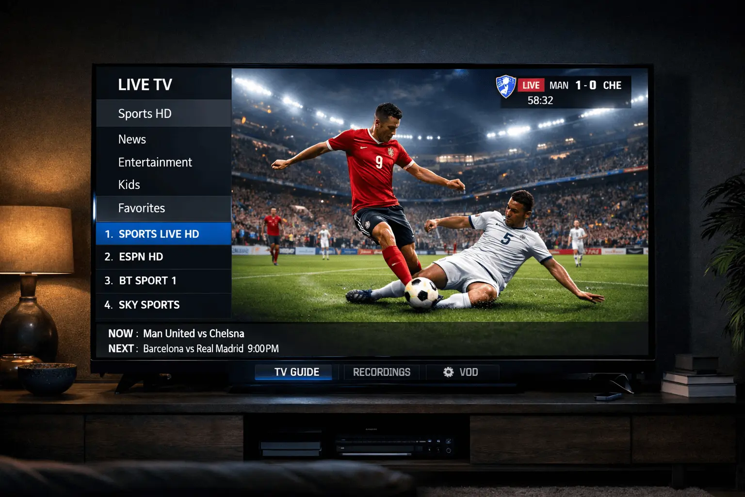 Match de football diffusé en direct sur Smart TV dans un salon